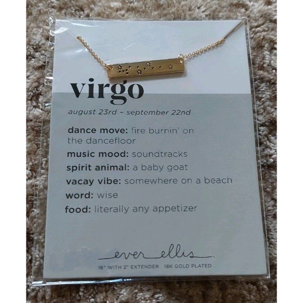 Virgo Zodiac Bar Necklace 18K Gold Plated Ever Ellis 16" August 23 - Sept 22